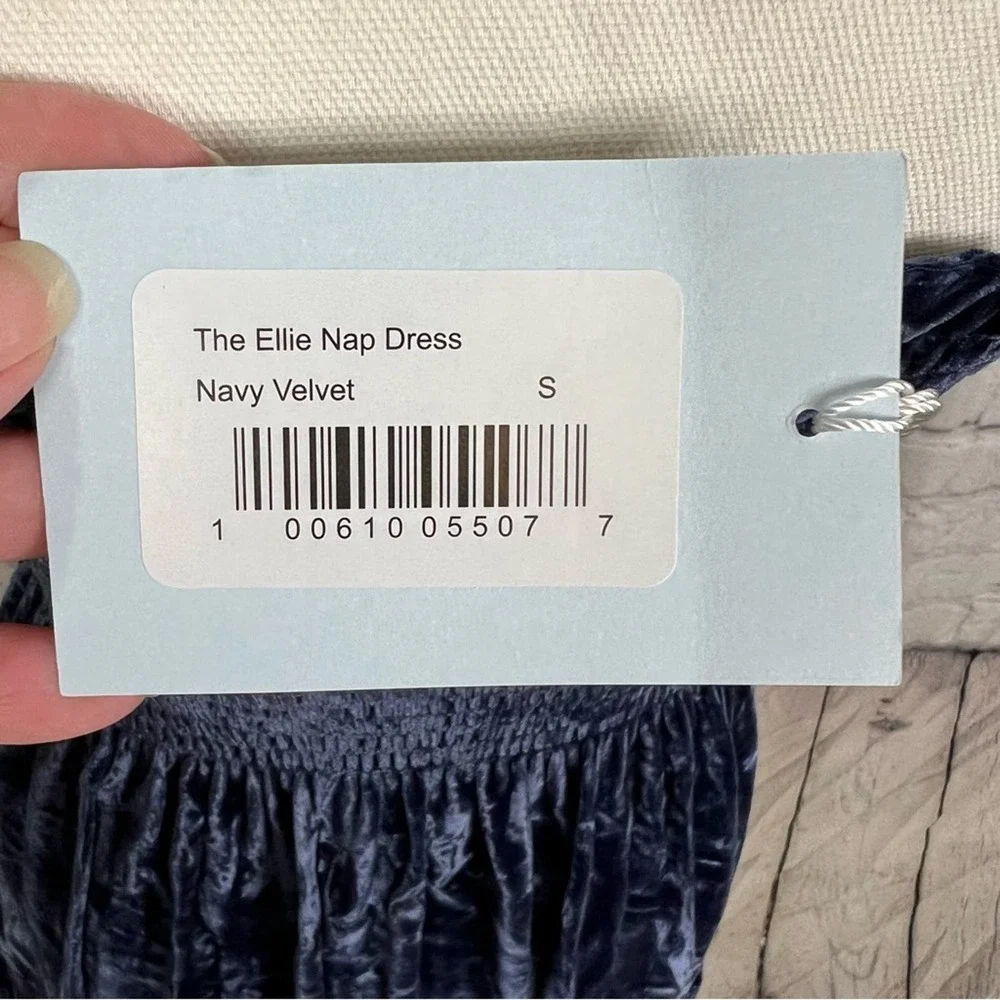 Hill House Size S The Ellie Nap Dress Navy Velvet Midi Tiered Smocked Bodice NEW - Picture 14 of 14